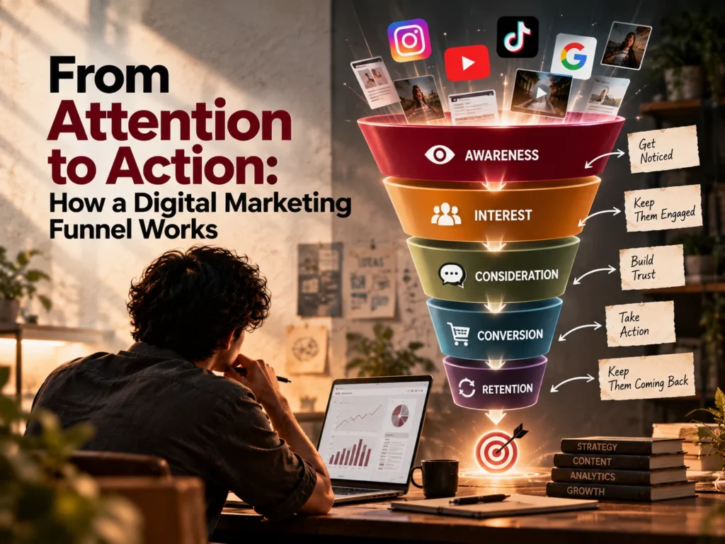 Digital marketing funnel illustrating awareness, interest, consideration, conversion, and retention by the best freelance digital marketer in Alappuzha.