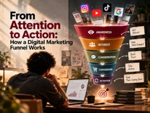 Digital marketing funnel illustrating awareness, interest, consideration, conversion, and retention by the best freelance digital marketer in Alappuzha.