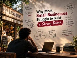 Small business branding strategy illustration highlighting brand identity, audience targeting, and positioning by the best freelance digital marketer in Alappuzha.