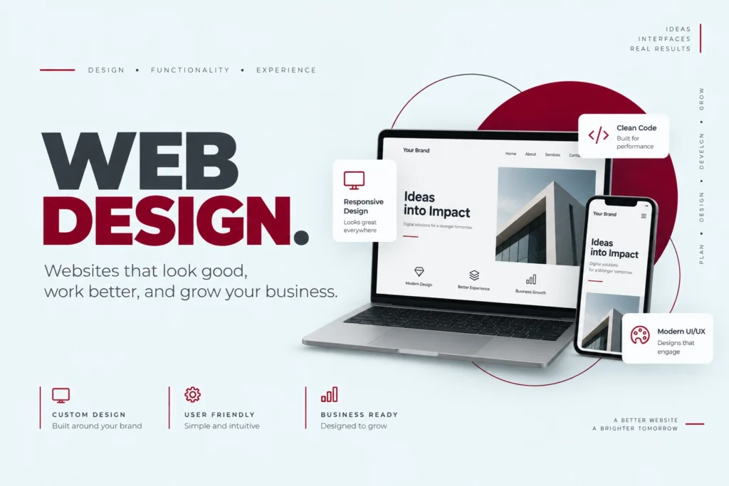 Web design banner showcasing responsive websites, modern UI/UX, and business growth by the best freelance digital marketer in Alappuzha.